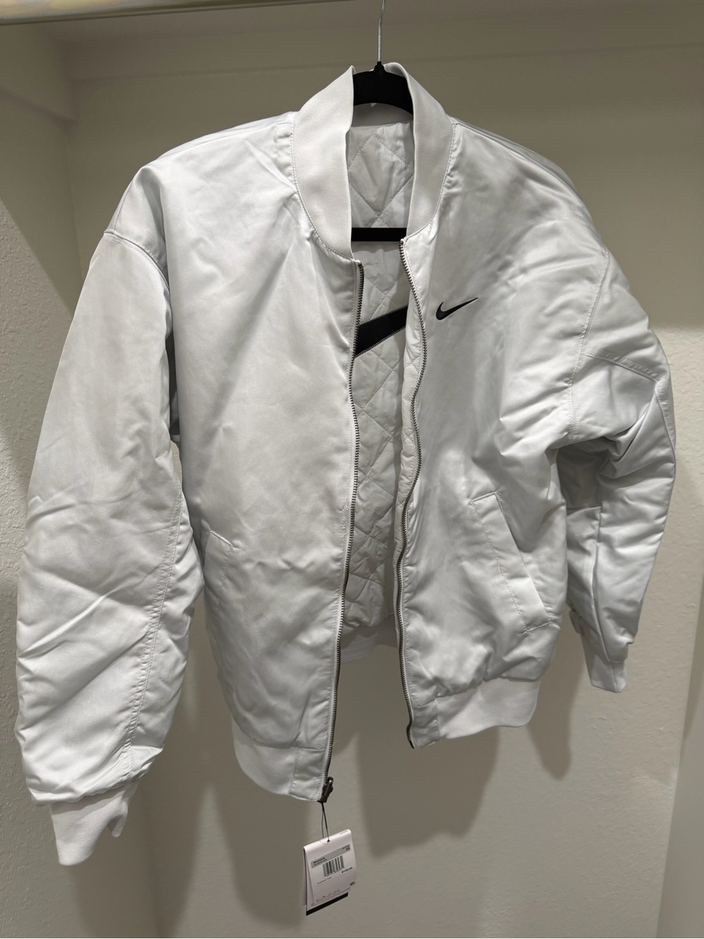 Nike White reversible Quilted Bomber Jacket with Black Swoosh